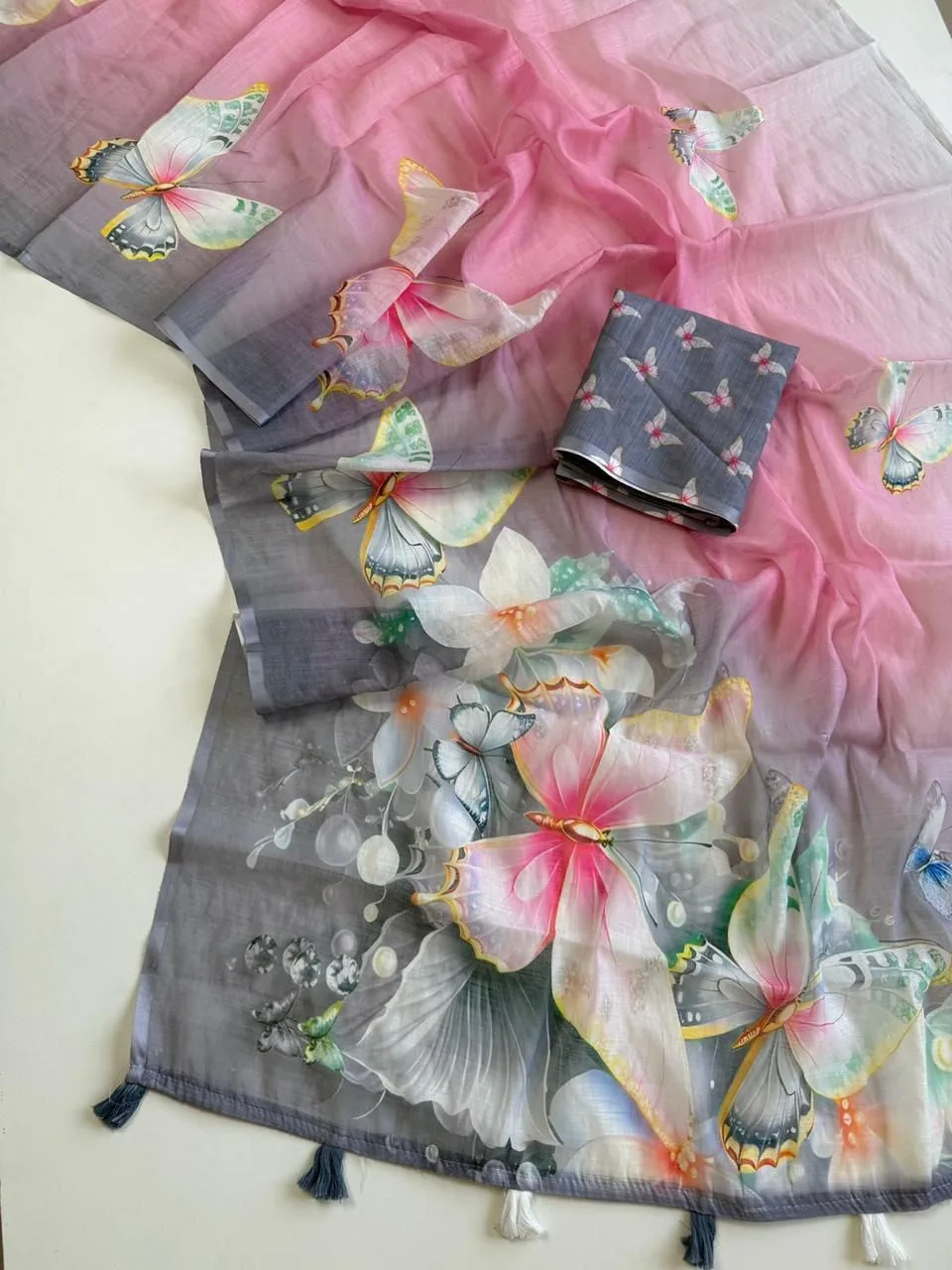 Premium Soft Linen Saree with Butterfly Digital Print - Grey