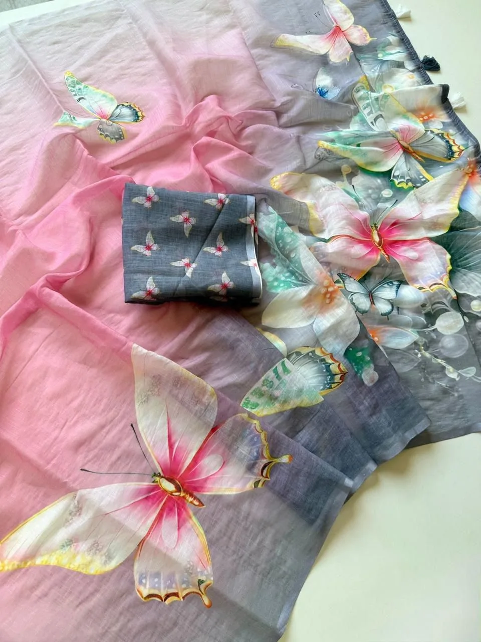 Premium Soft Linen Saree with Butterfly Digital Print