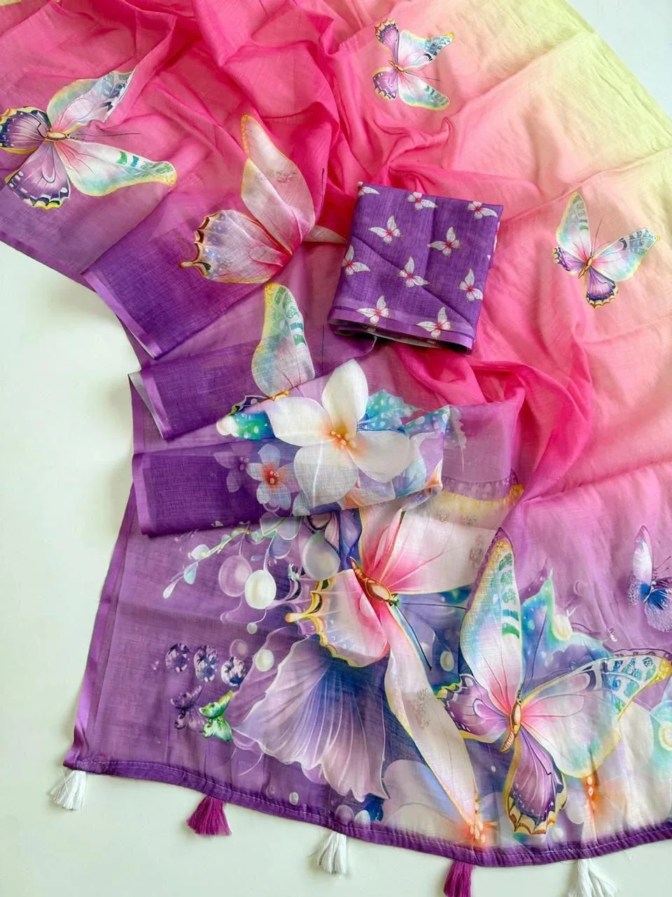 Premium Soft Linen Saree with Butterfly Digital Print - Purple