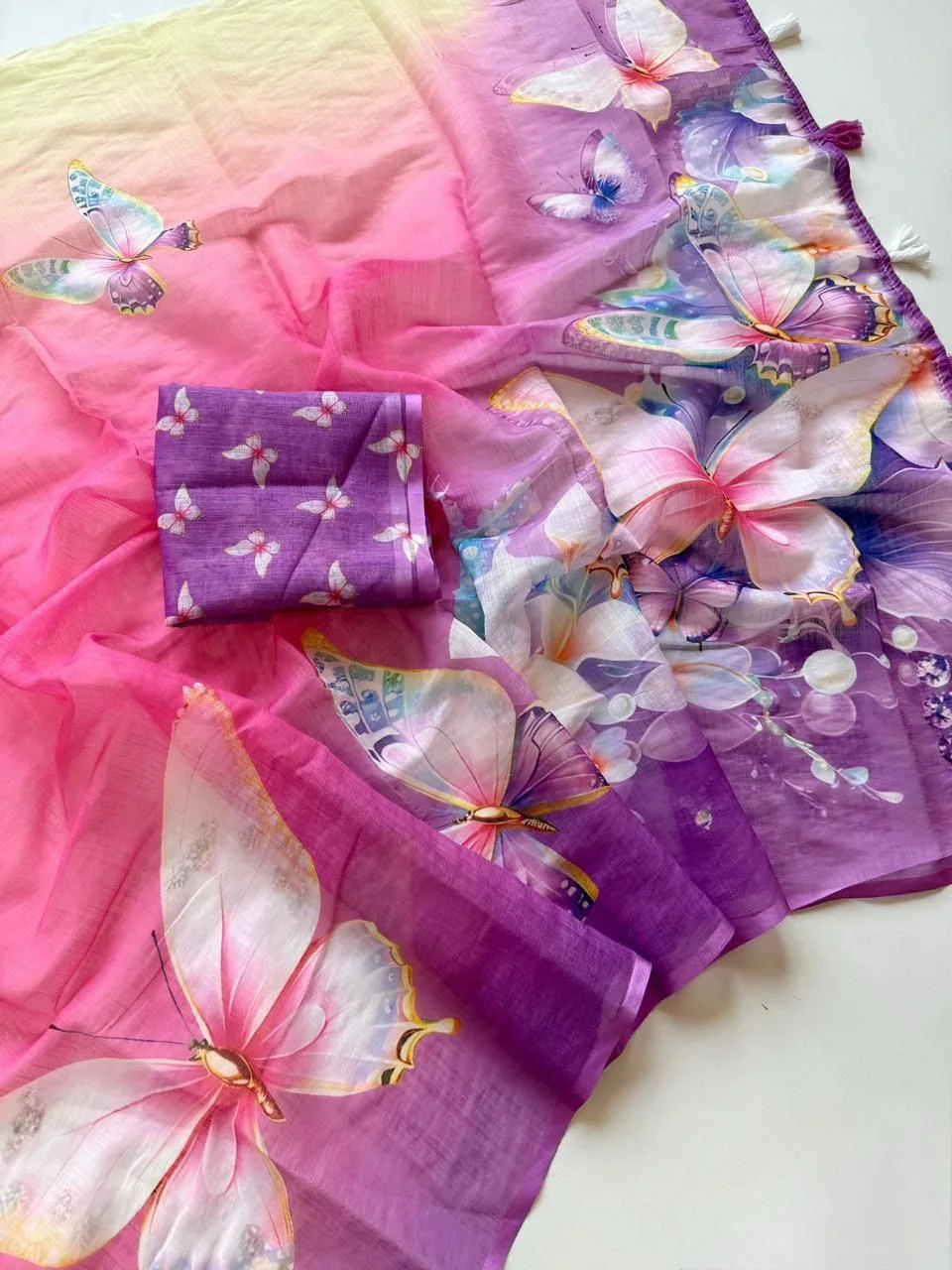 Premium Soft Linen Saree with Butterfly Digital Print - Purple