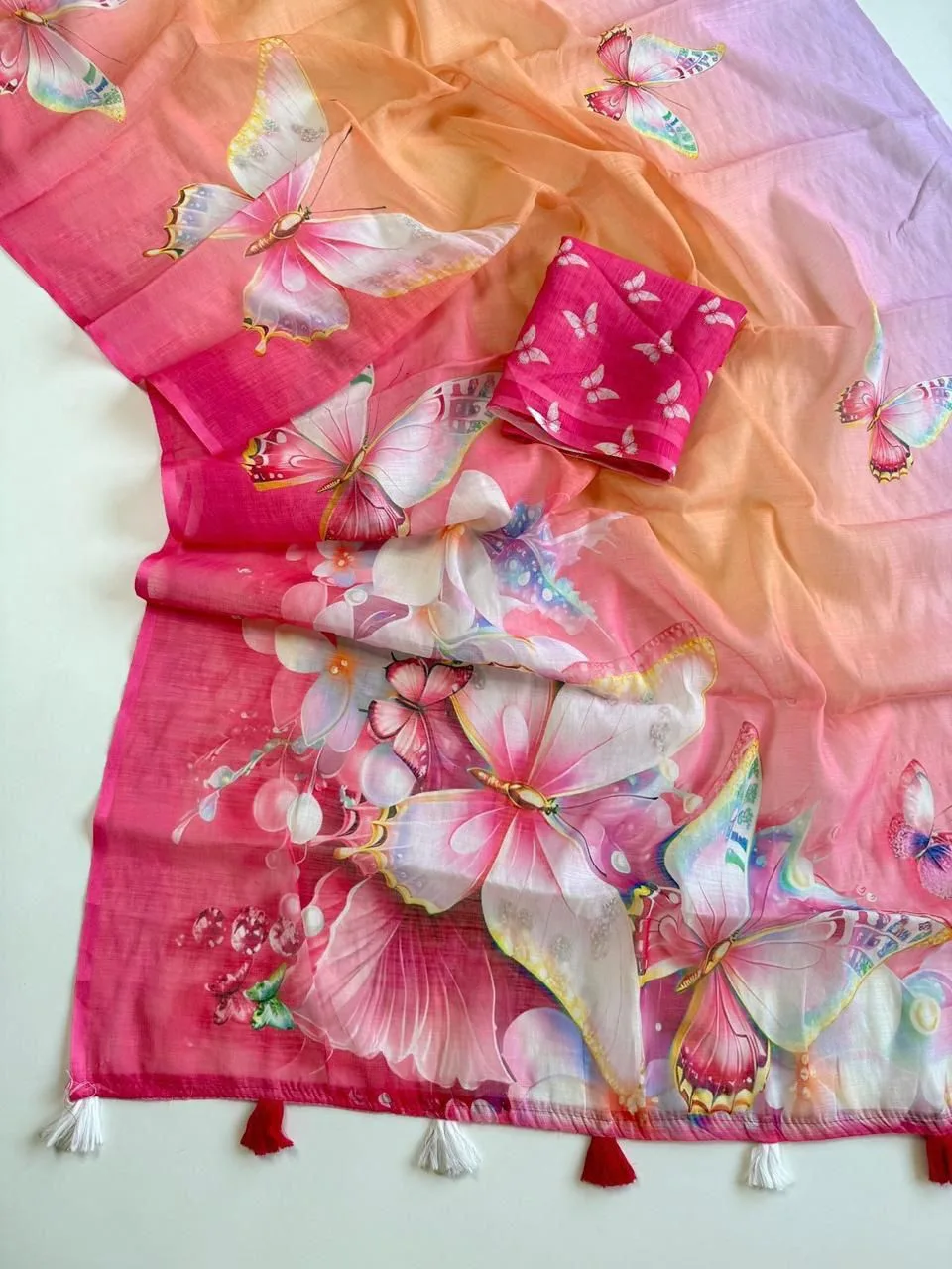 Premium Soft Linen Saree with Butterfly Digital Print - Red