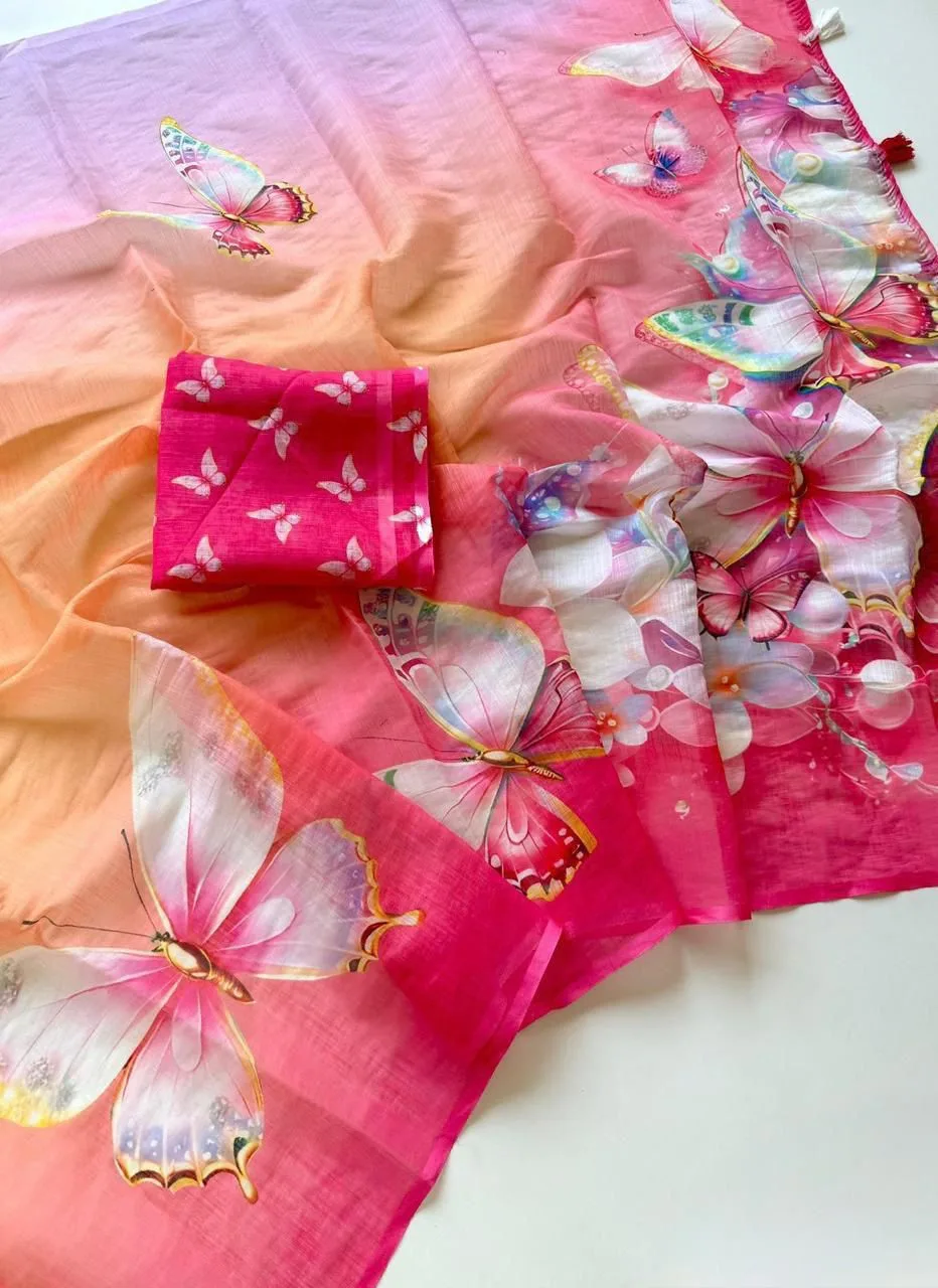 Premium Soft Linen Saree with Butterfly Digital Print - Red