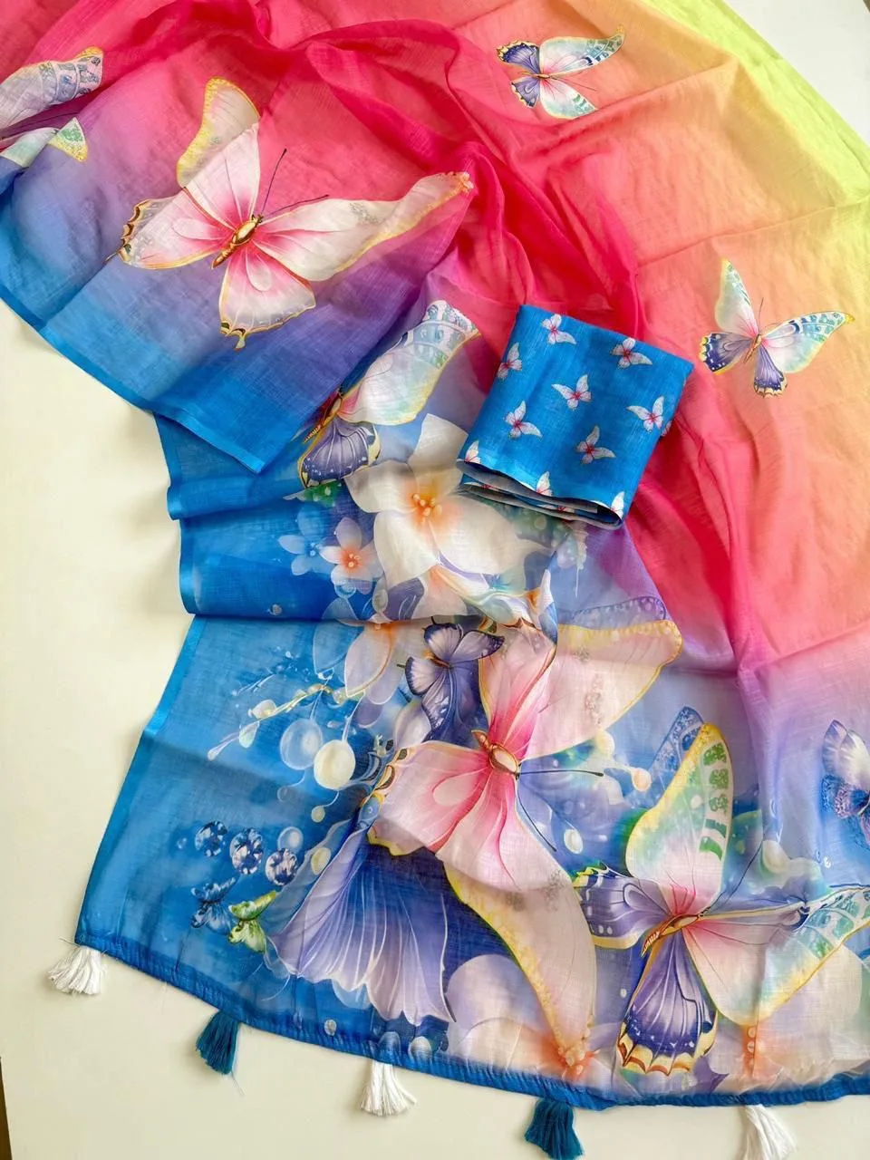 Premium Soft Linen Saree with Butterfly Digital Print - Blue