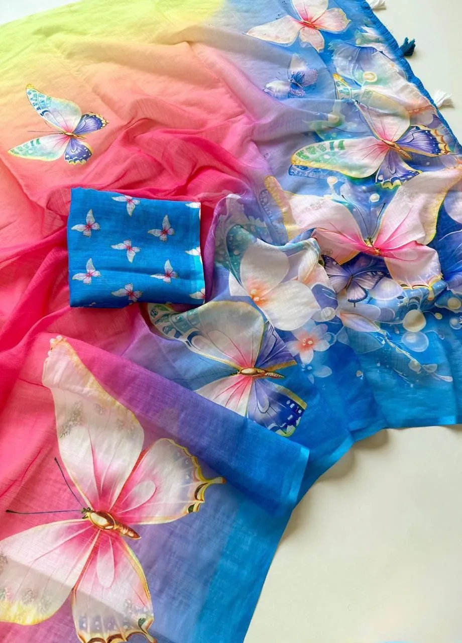Premium Soft Linen Saree with Butterfly Digital Print - Blue