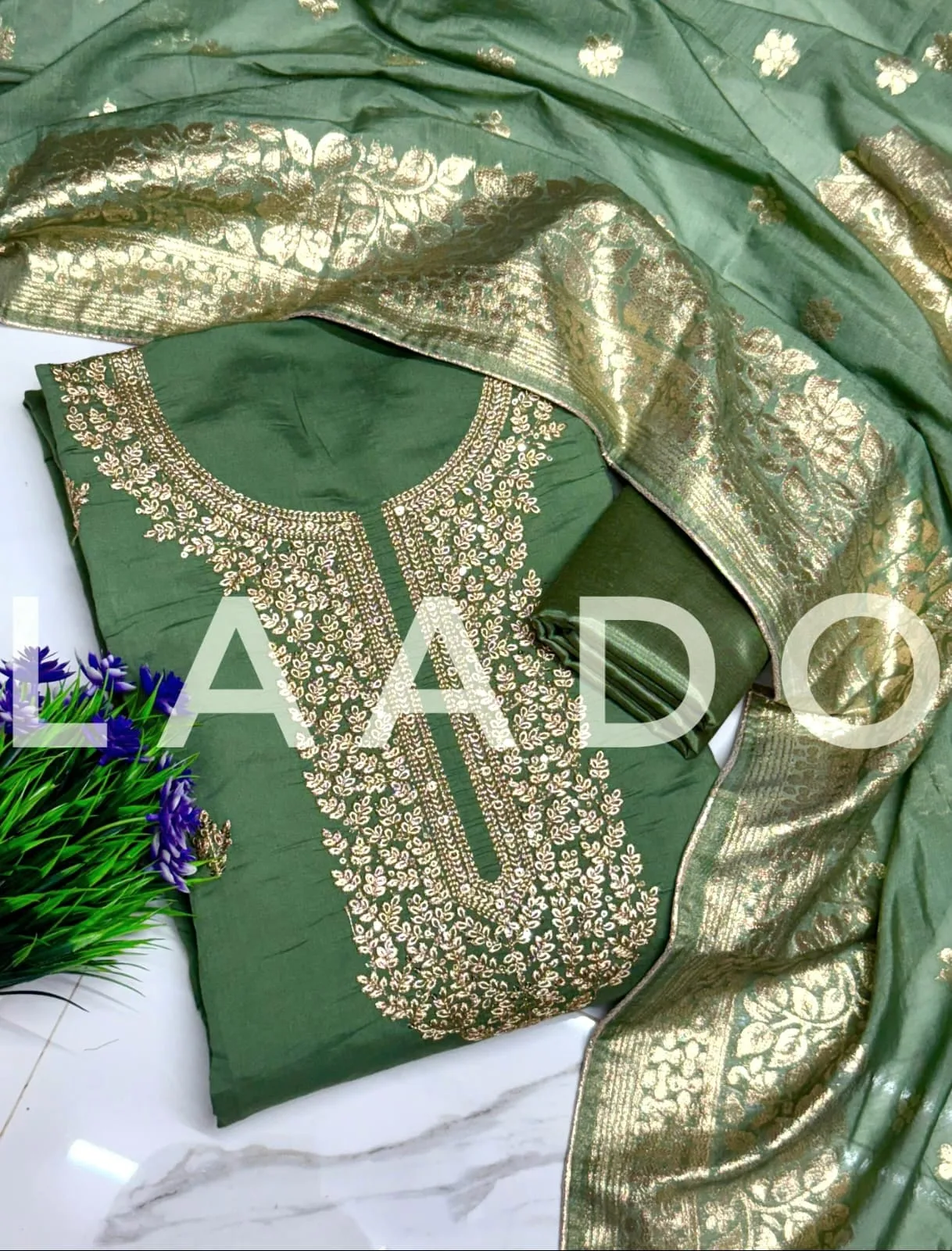 Premium Roman Silk Designer Dress Material - Green