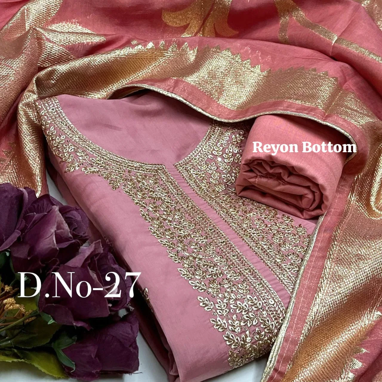 Premium Roman Silk Designer Dress Material - Pink2
