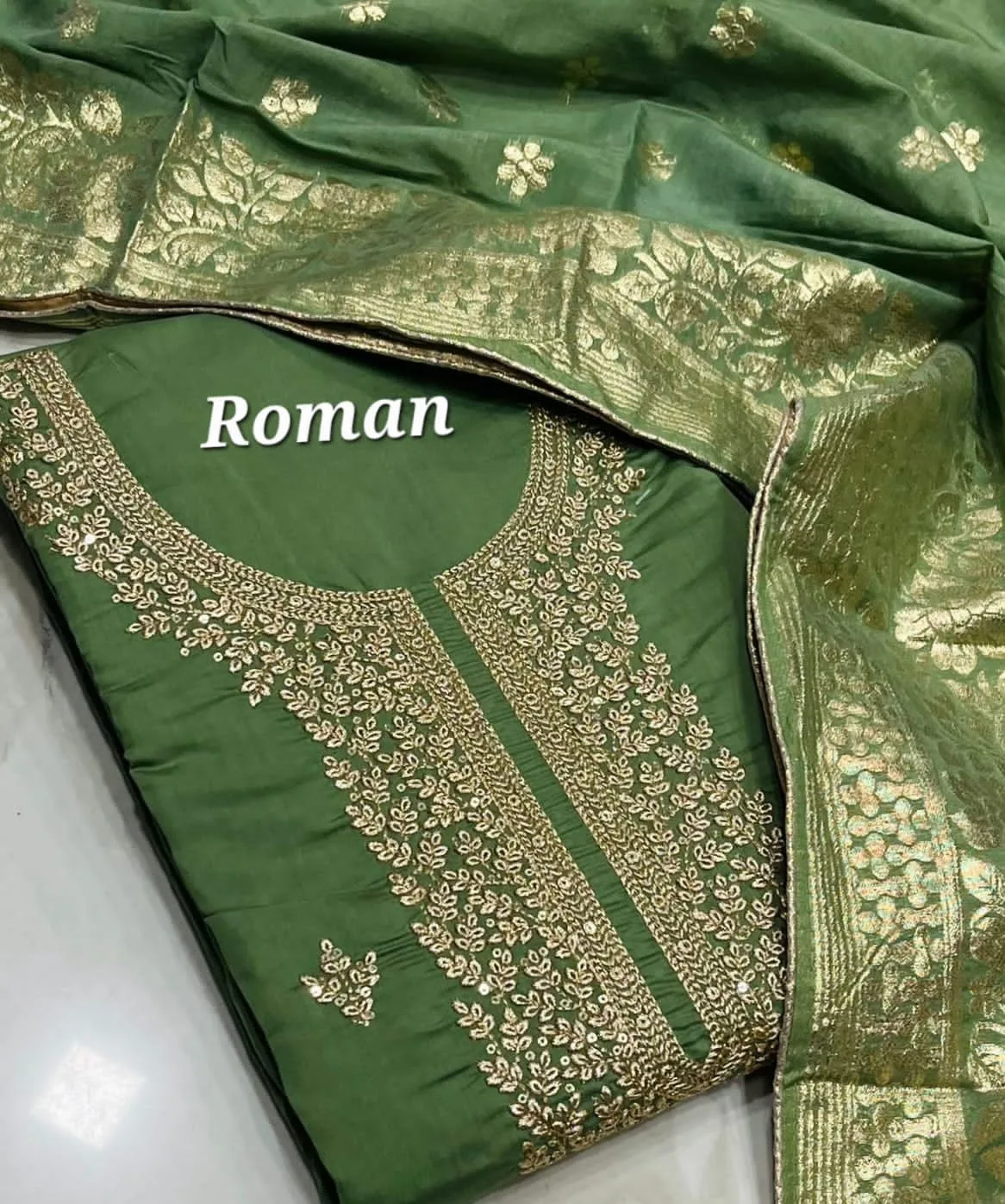 Premium Roman Silk Designer Dress Material - Green2