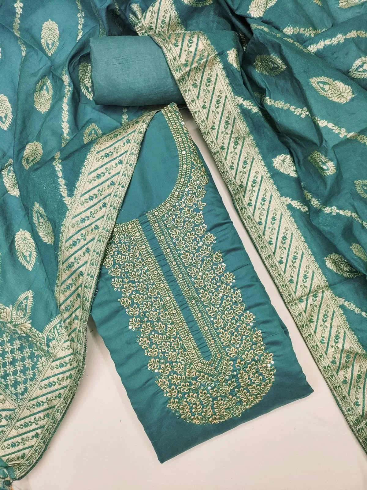 Premium Roman Silk Designer Dress Material - Ocean Blue
