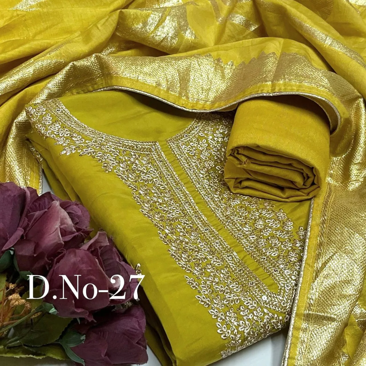 Premium Roman Silk Designer Dress Material - Yellow