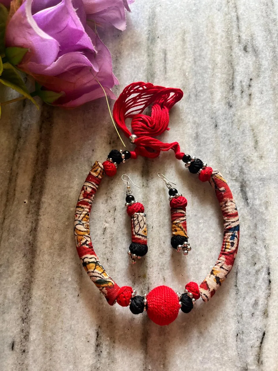 Handcrafted Cloth Jewellery Set – Eco-Friendly Artisan Fashion - Red