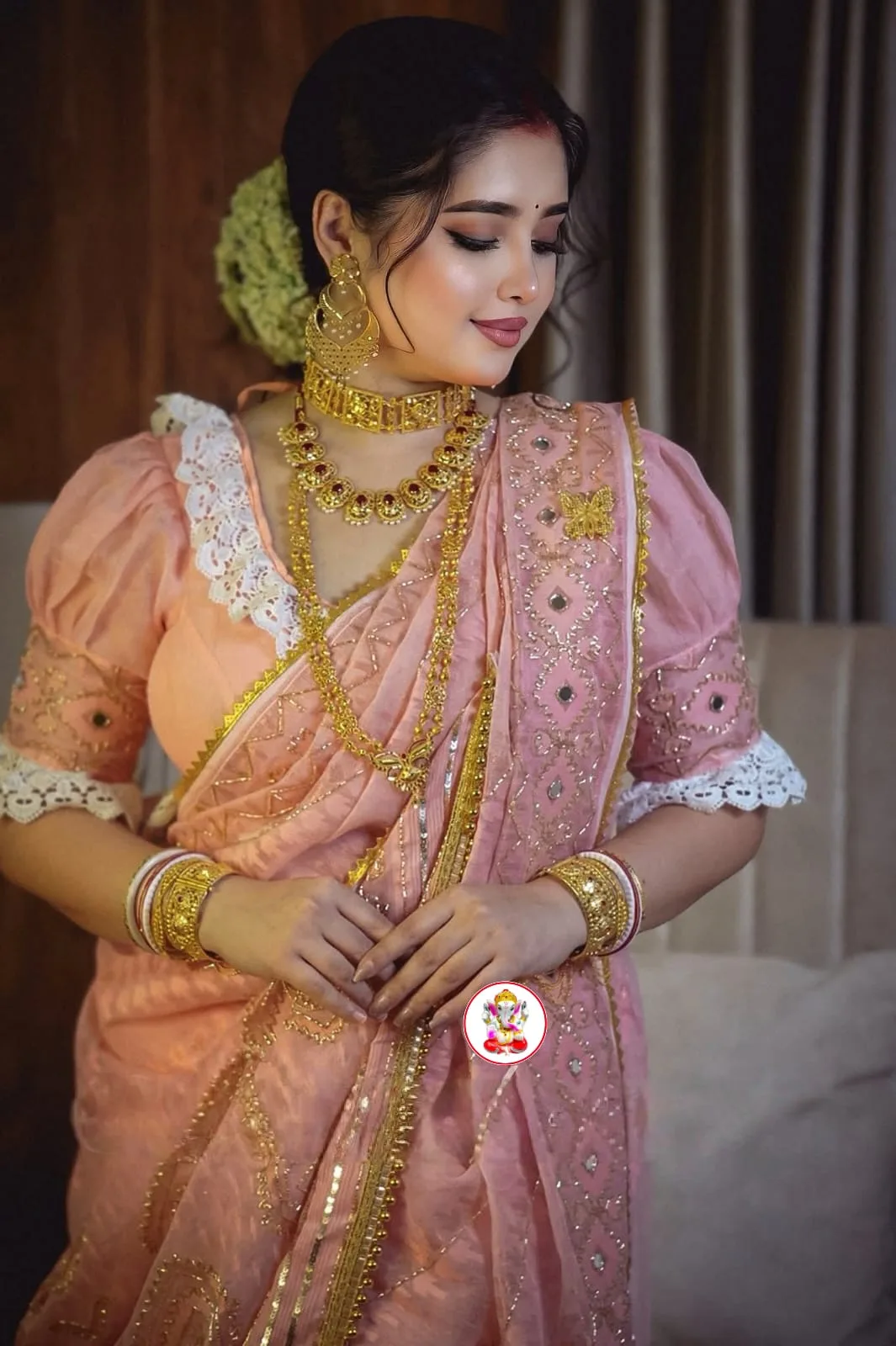 Boutique Style Semi Hard Dhakai Jamdani Saree with Kardana & Original Mirror Work - Peach