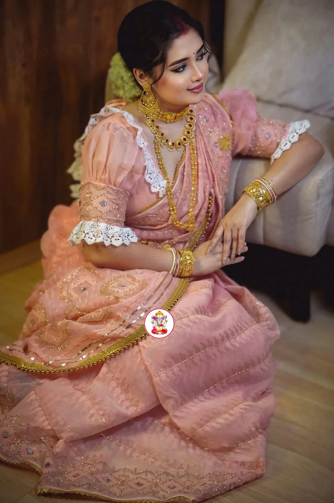 Boutique Style Semi Hard Dhakai Jamdani Saree with Kardana & Original Mirror Work - Peach