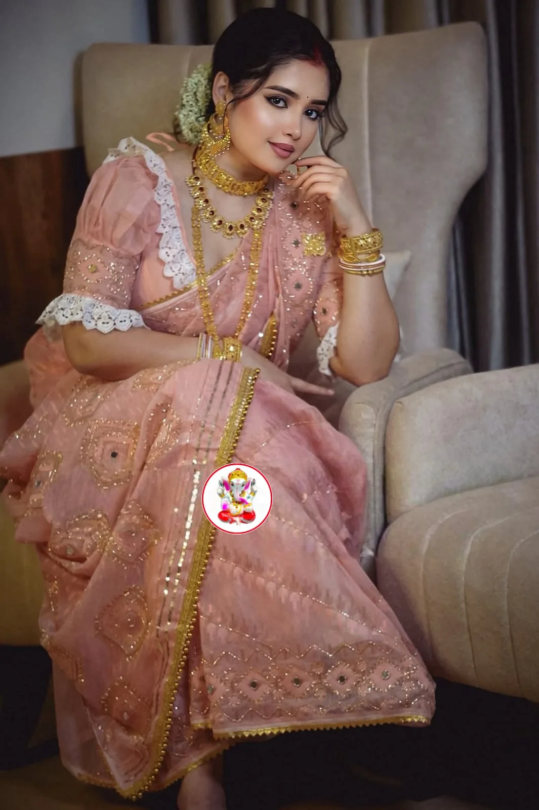 Boutique Style Semi Hard Dhakai Jamdani Saree with Kardana & Original Mirror Work - Peach