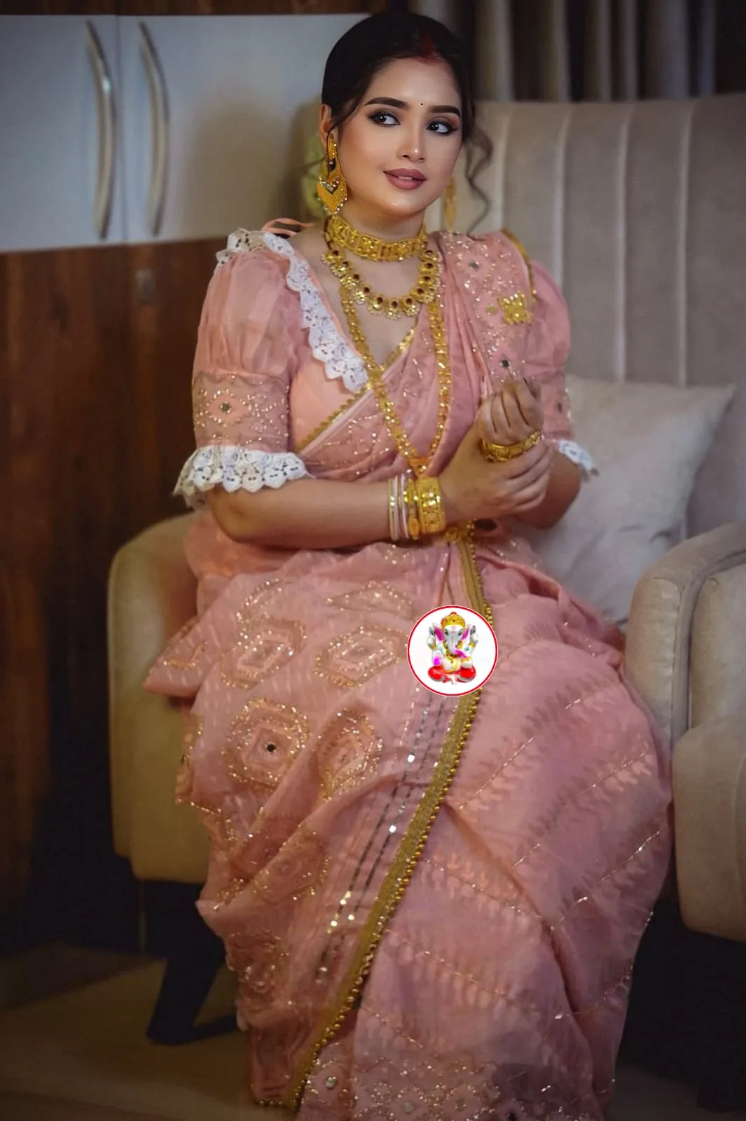 Boutique Style Semi Hard Dhakai Jamdani Saree with Kardana & Original Mirror Work - Peach