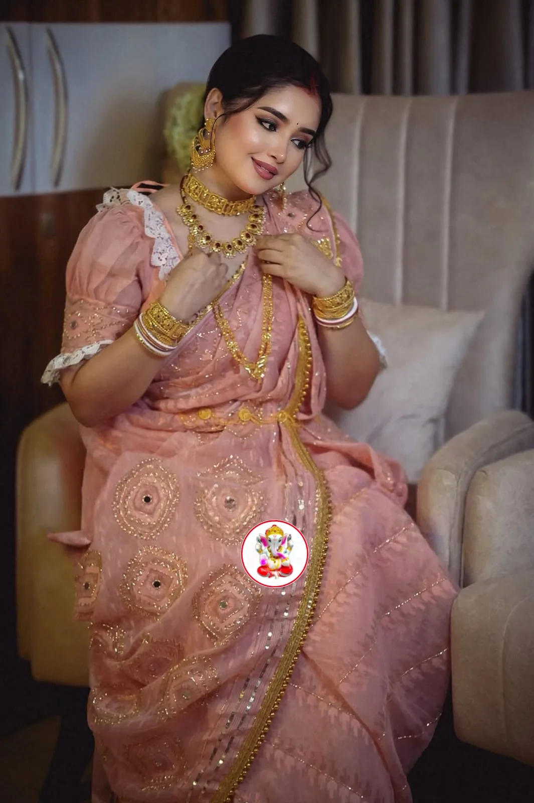 Boutique Style Semi Hard Dhakai Jamdani Saree with Kardana & Original Mirror Work - Peach