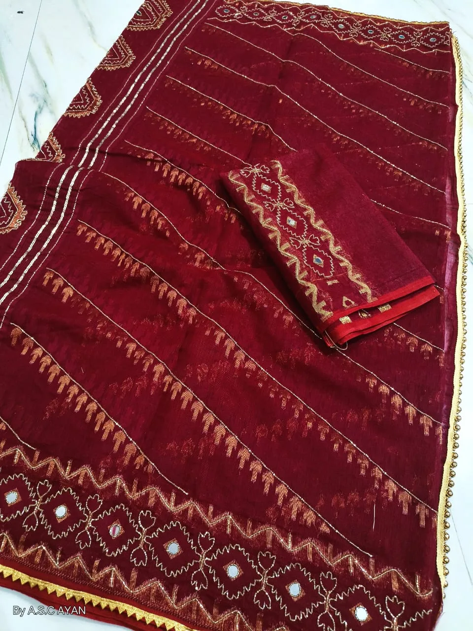 Boutique Style Semi Hard Dhakai Jamdani Saree with Kardana & Original Mirror Work - Maroon