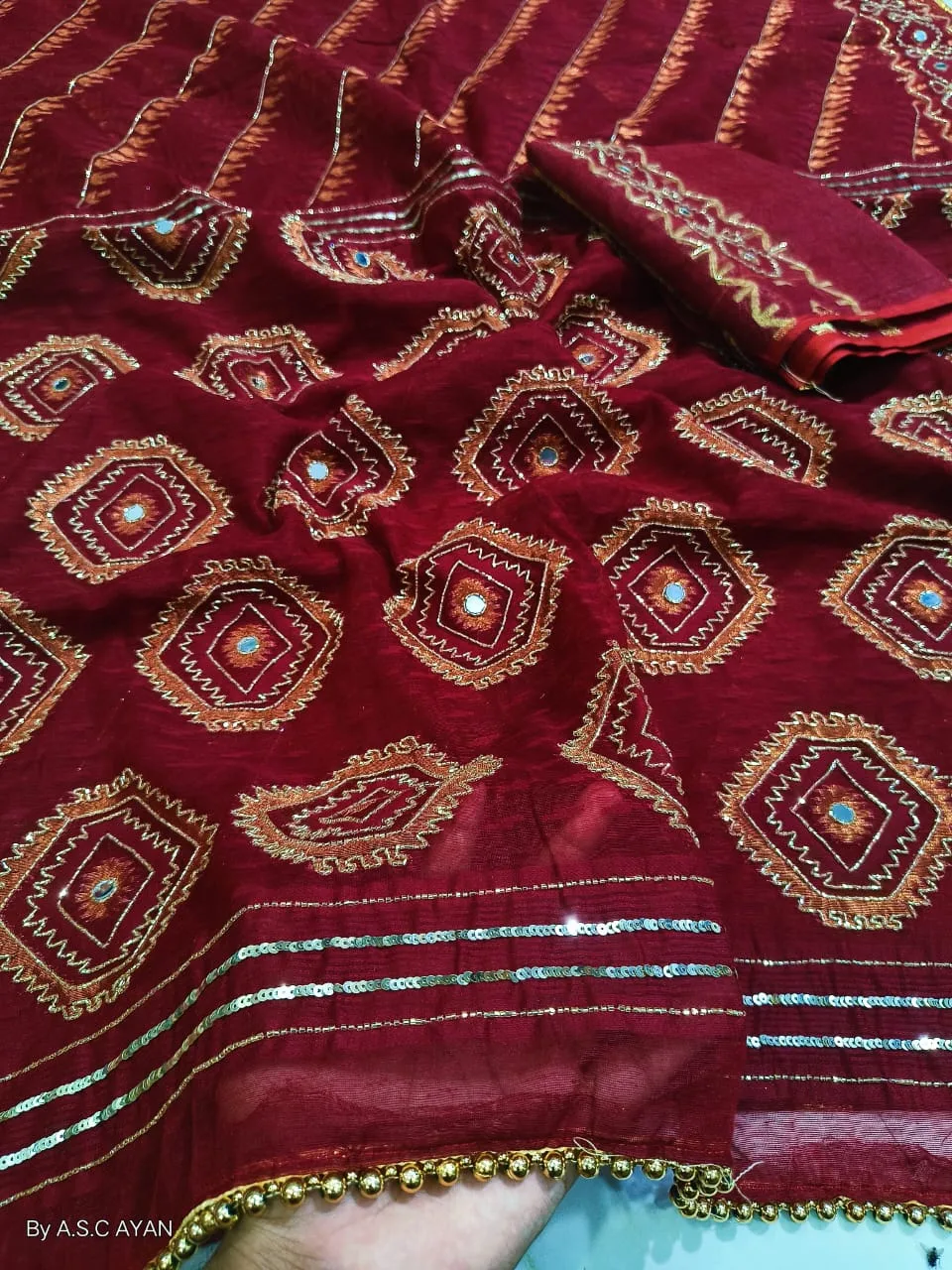 Boutique Style Semi Hard Dhakai Jamdani Saree with Kardana & Original Mirror Work - Maroon