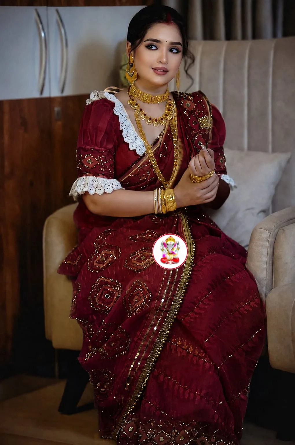 Boutique Style Semi Hard Dhakai Jamdani Saree with Kardana & Original Mirror Work - Maroon