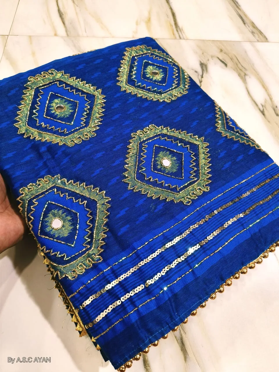 Boutique Style Semi Hard Dhakai Jamdani Saree with Kardana & Original Mirror Work - Blue