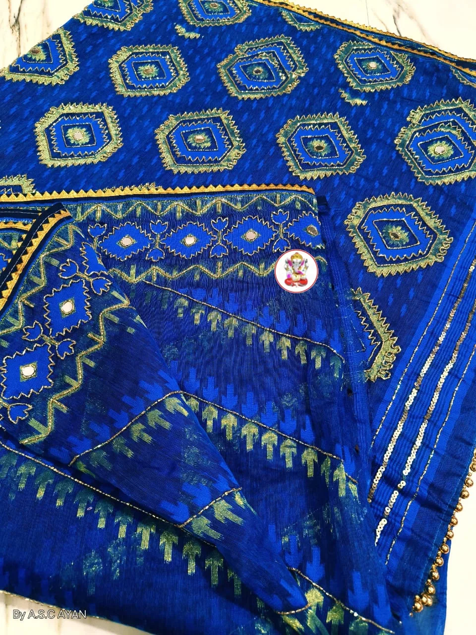 Boutique Style Semi Hard Dhakai Jamdani Saree with Kardana & Original Mirror Work - Blue