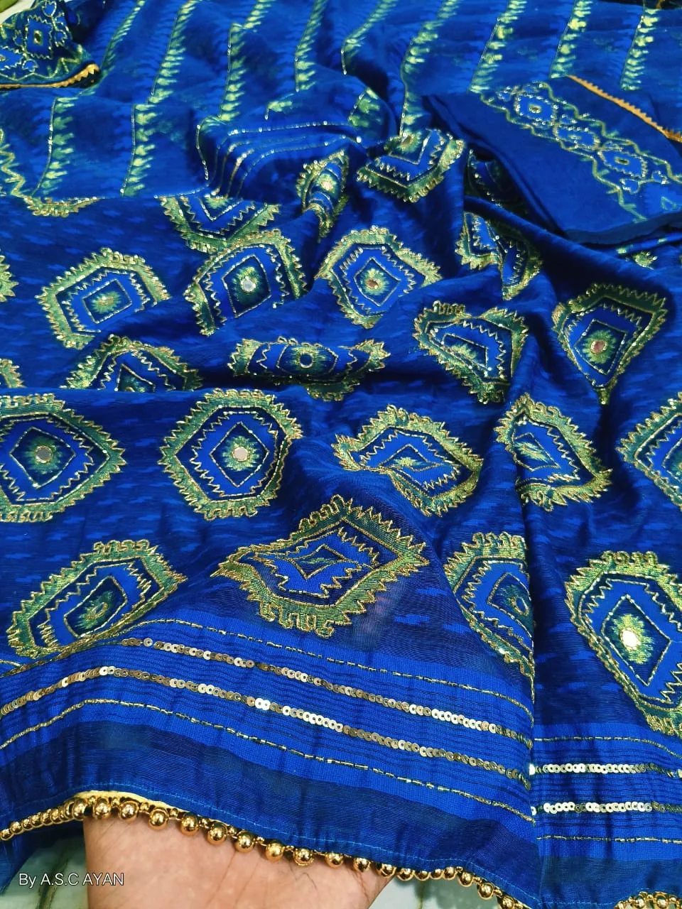 Boutique Style Semi Hard Dhakai Jamdani Saree with Kardana & Original Mirror Work - Blue