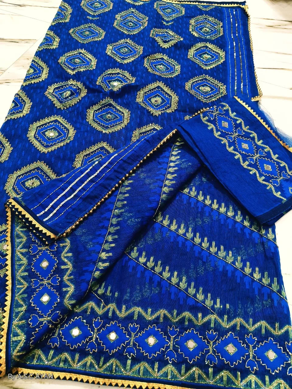 Boutique Style Semi Hard Dhakai Jamdani Saree with Kardana & Original Mirror Work - Blue