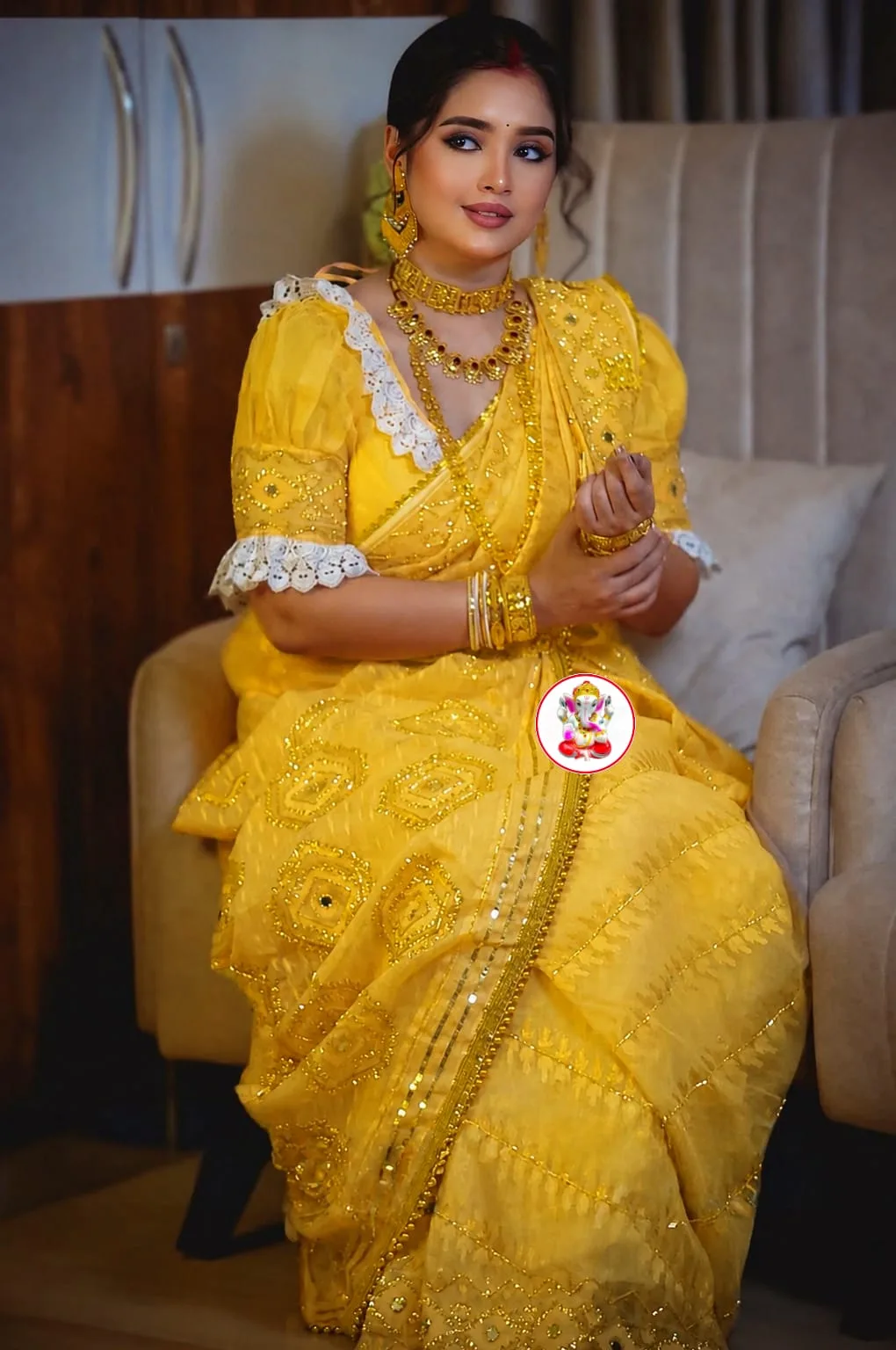 Boutique Style Semi Hard Dhakai Jamdani Saree with Kardana & Original Mirror Work - Yellow