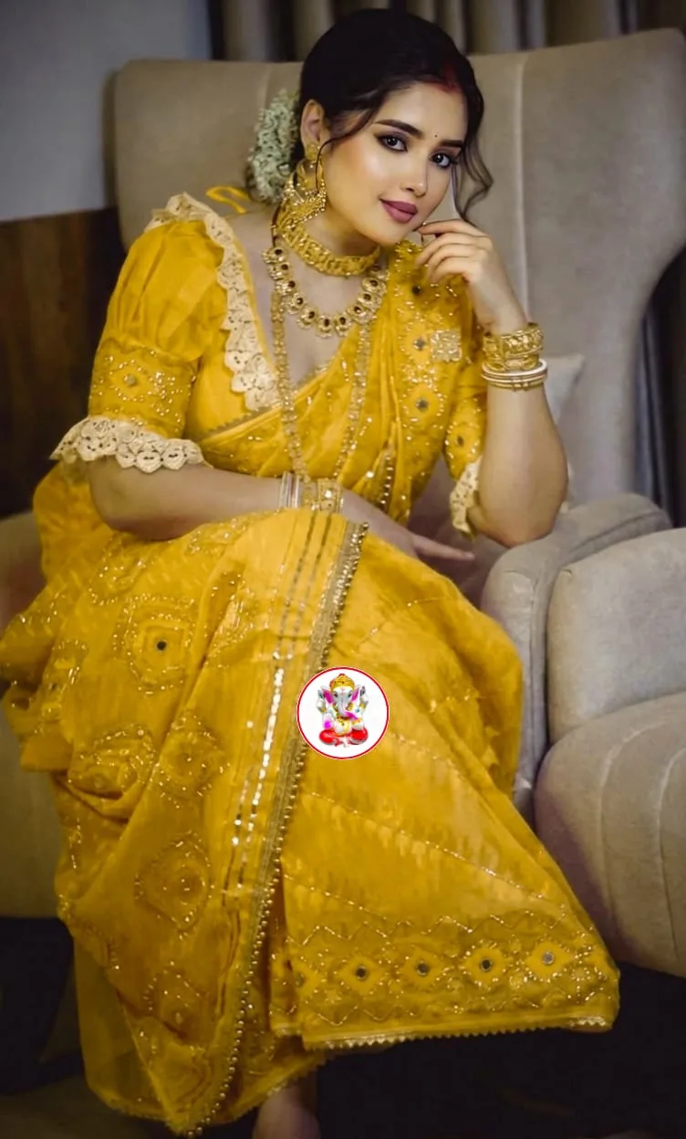 Boutique Style Semi Hard Dhakai Jamdani Saree with Kardana & Original Mirror Work - Yellow
