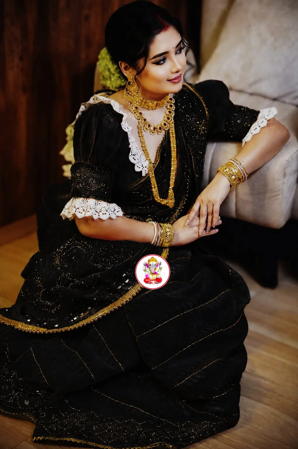 Boutique Style Semi Hard Dhakai Jamdani Saree with Kardana & Original Mirror Work - Black