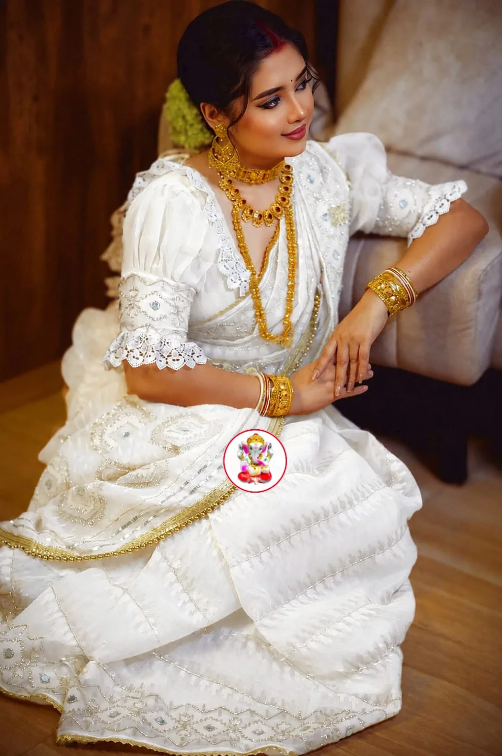 Boutique Style Semi Hard Dhakai Jamdani Saree with Kardana & Original Mirror Work - White