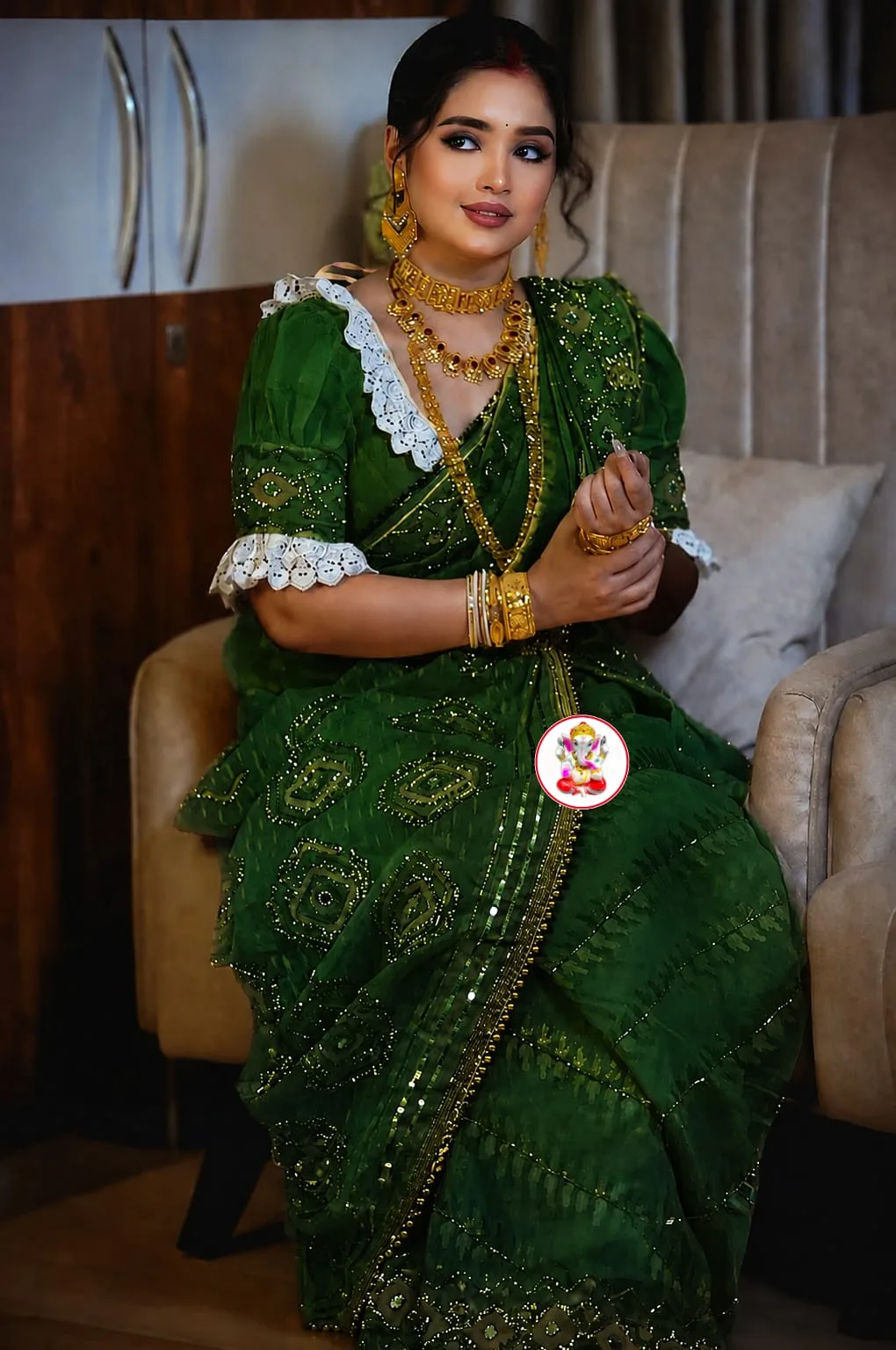 Boutique Style Semi Hard Dhakai Jamdani Saree with Kardana & Original Mirror Work - Green
