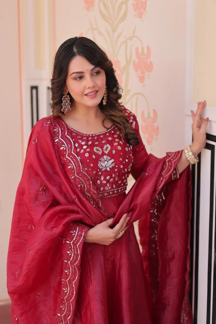 Women's Gold Crush Embroidered Gown with Dupatta