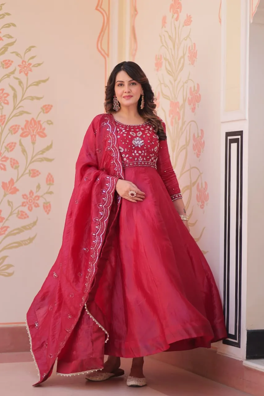 Women's Gold Crush Embroidered Gown with Dupatta - Dark Pink