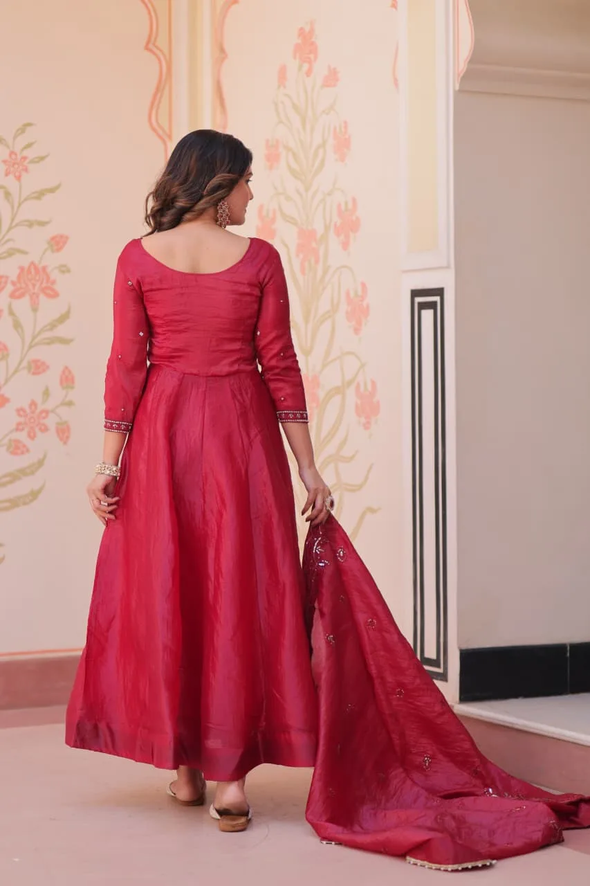 Women's Gold Crush Embroidered Gown with Dupatta - Dark Pink