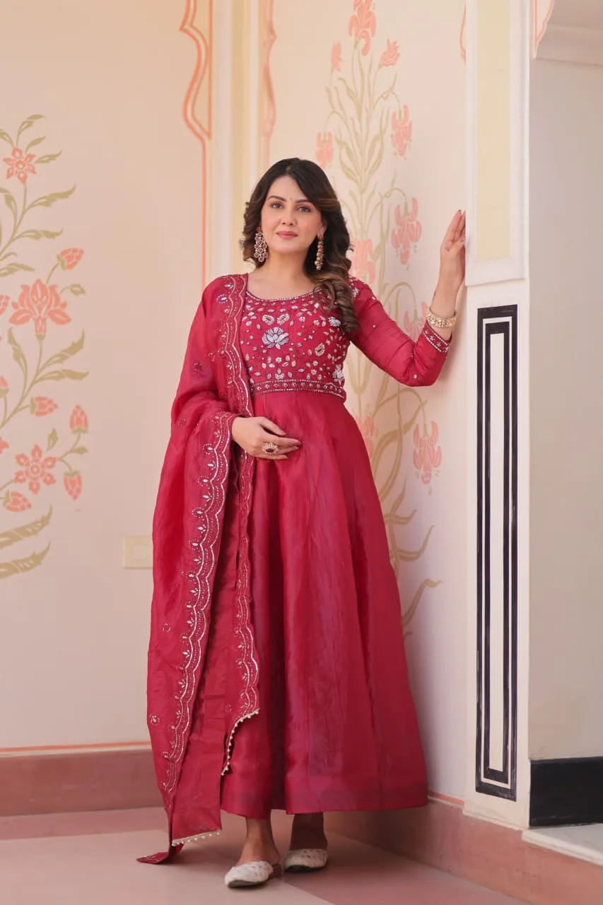 Women's Gold Crush Embroidered Gown with Dupatta - Dark Pink