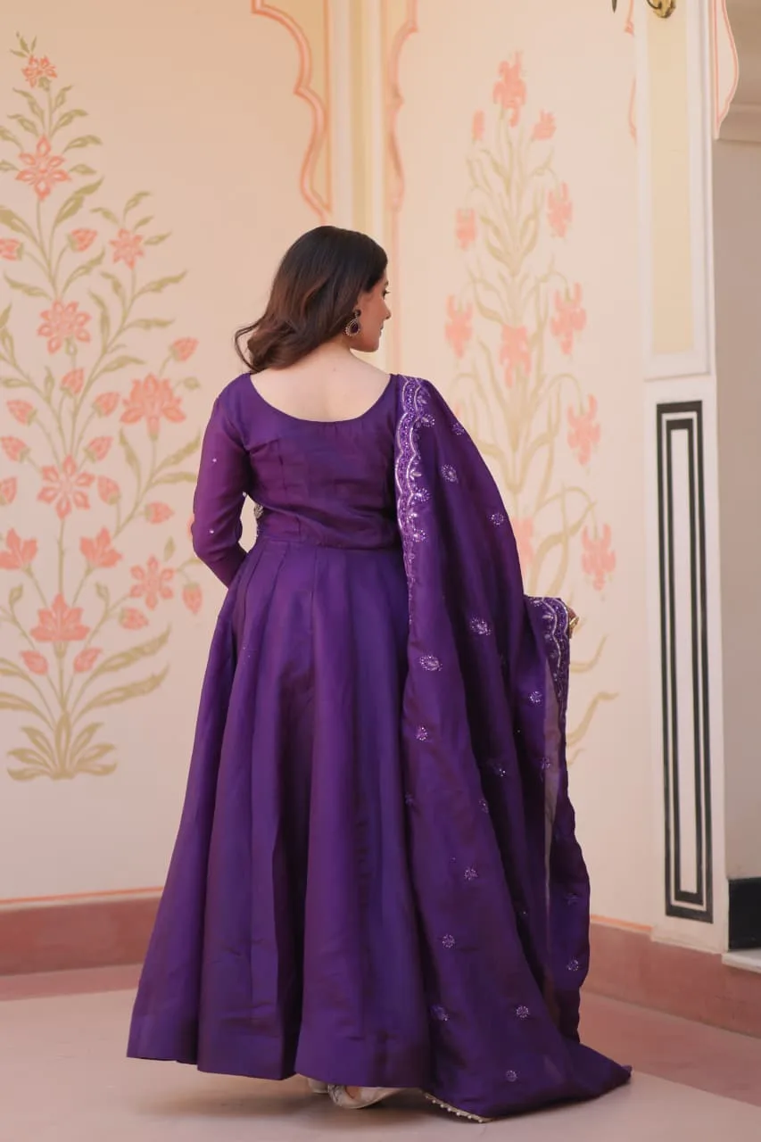 Women's Gold Crush Embroidered Gown with Dupatta - Magenda