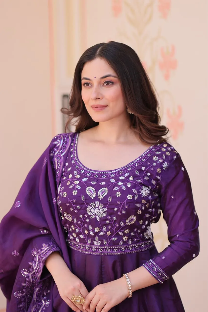Women's Gold Crush Embroidered Gown with Dupatta - Magenda