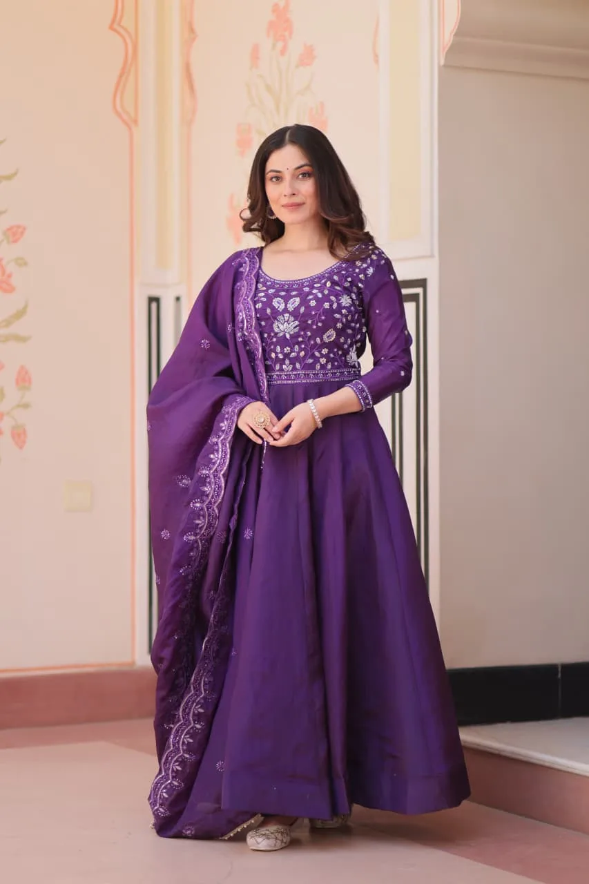 Women's Gold Crush Embroidered Gown with Dupatta - Magenda
