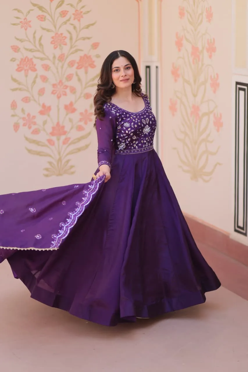 Women's Gold Crush Embroidered Gown with Dupatta - Magenda