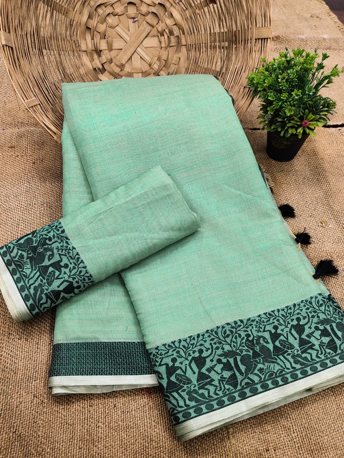 Pure Cotton Soft Silk Saree - Ocean Green