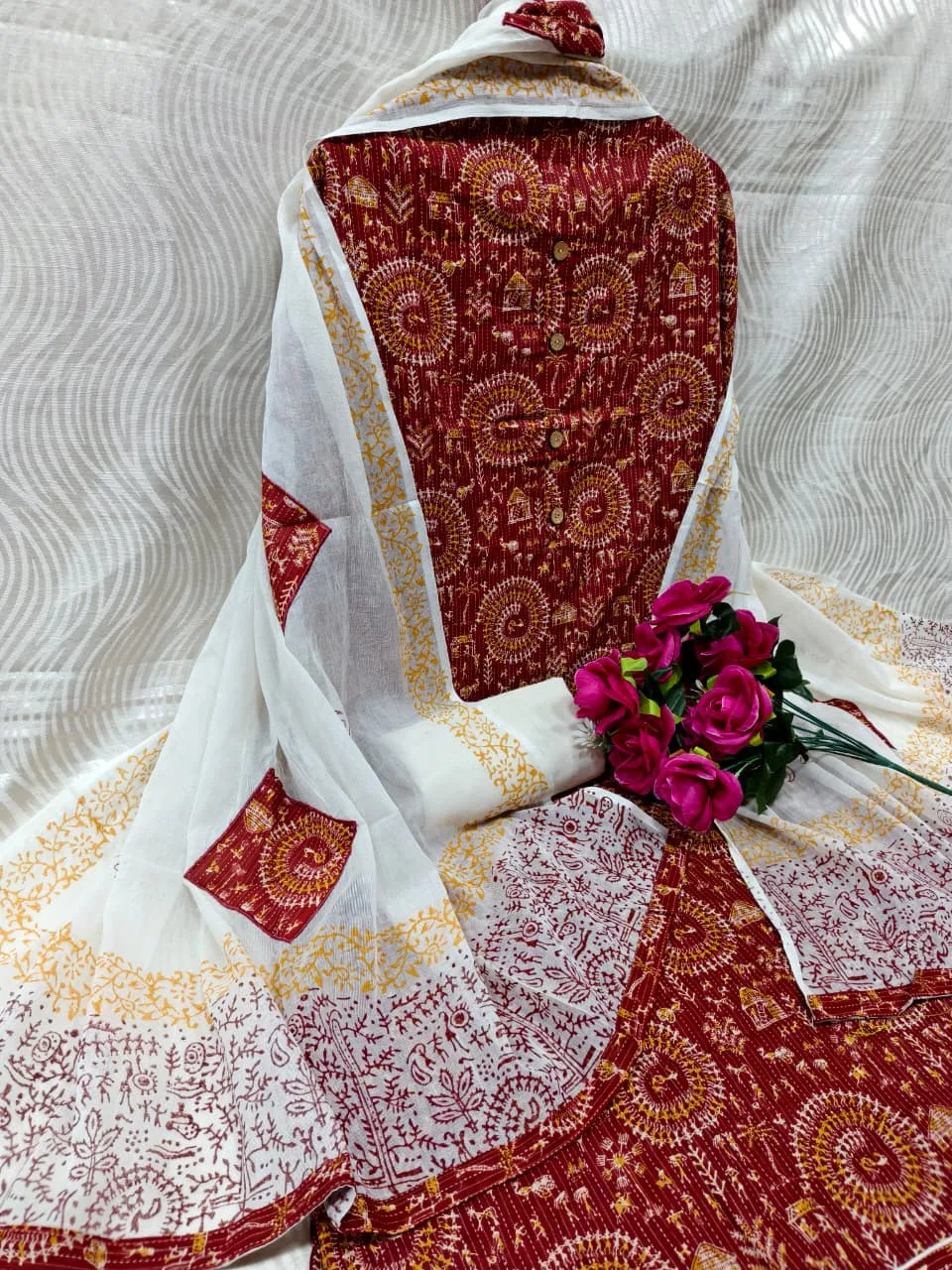 Premium Cotton Katha Ajrak Print Unstitched Suit Material with Gadwal Silk Dupatta
