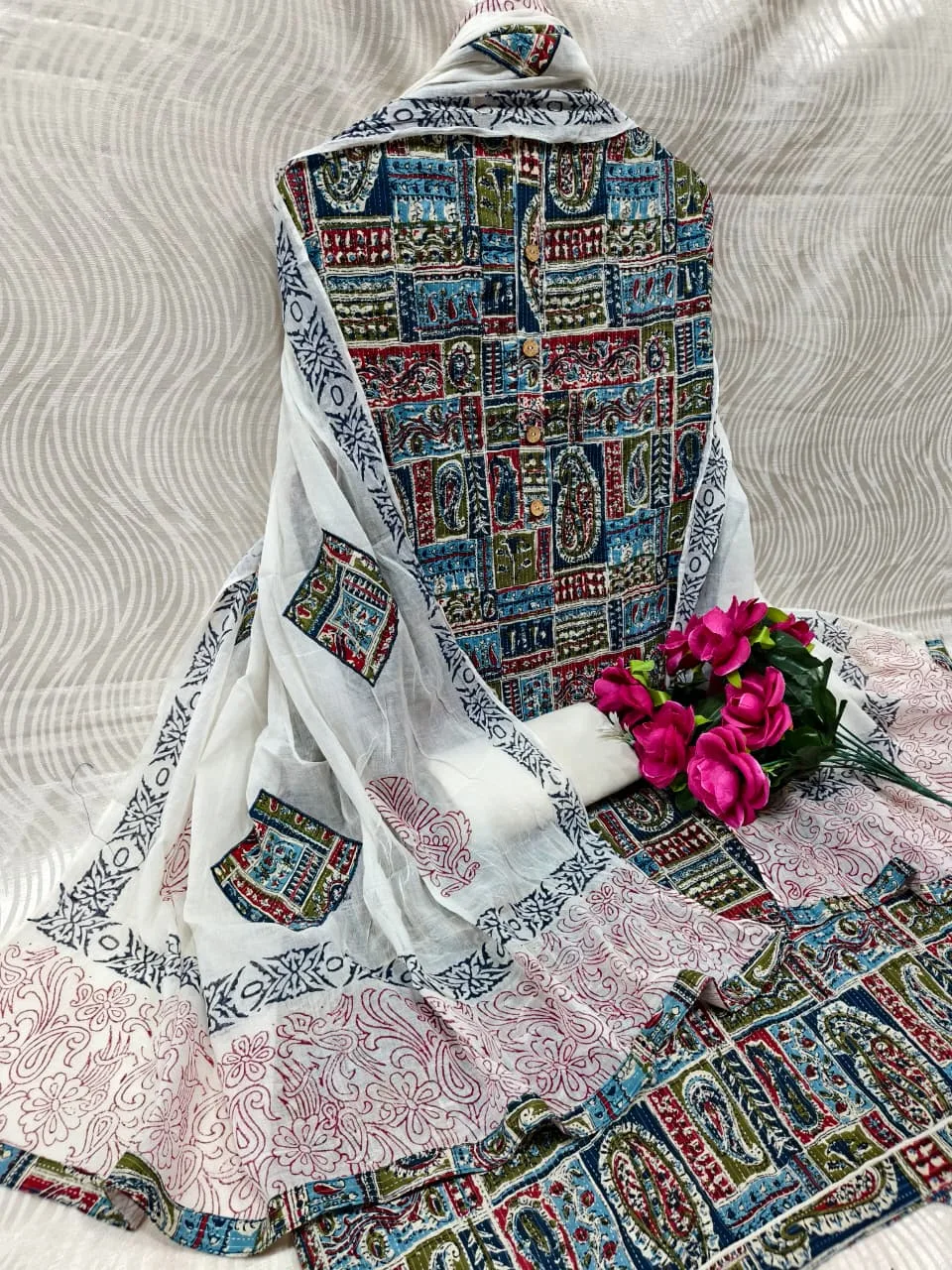 Premium Cotton Katha Ajrak Print Unstitched Suit Material with Gadwal Silk Dupatta - Design 2