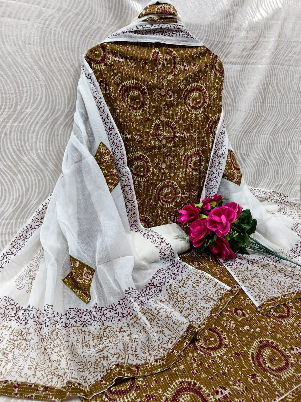 Premium Cotton Katha Ajrak Print Unstitched Suit Material with Gadwal Silk Dupatta - Design 3