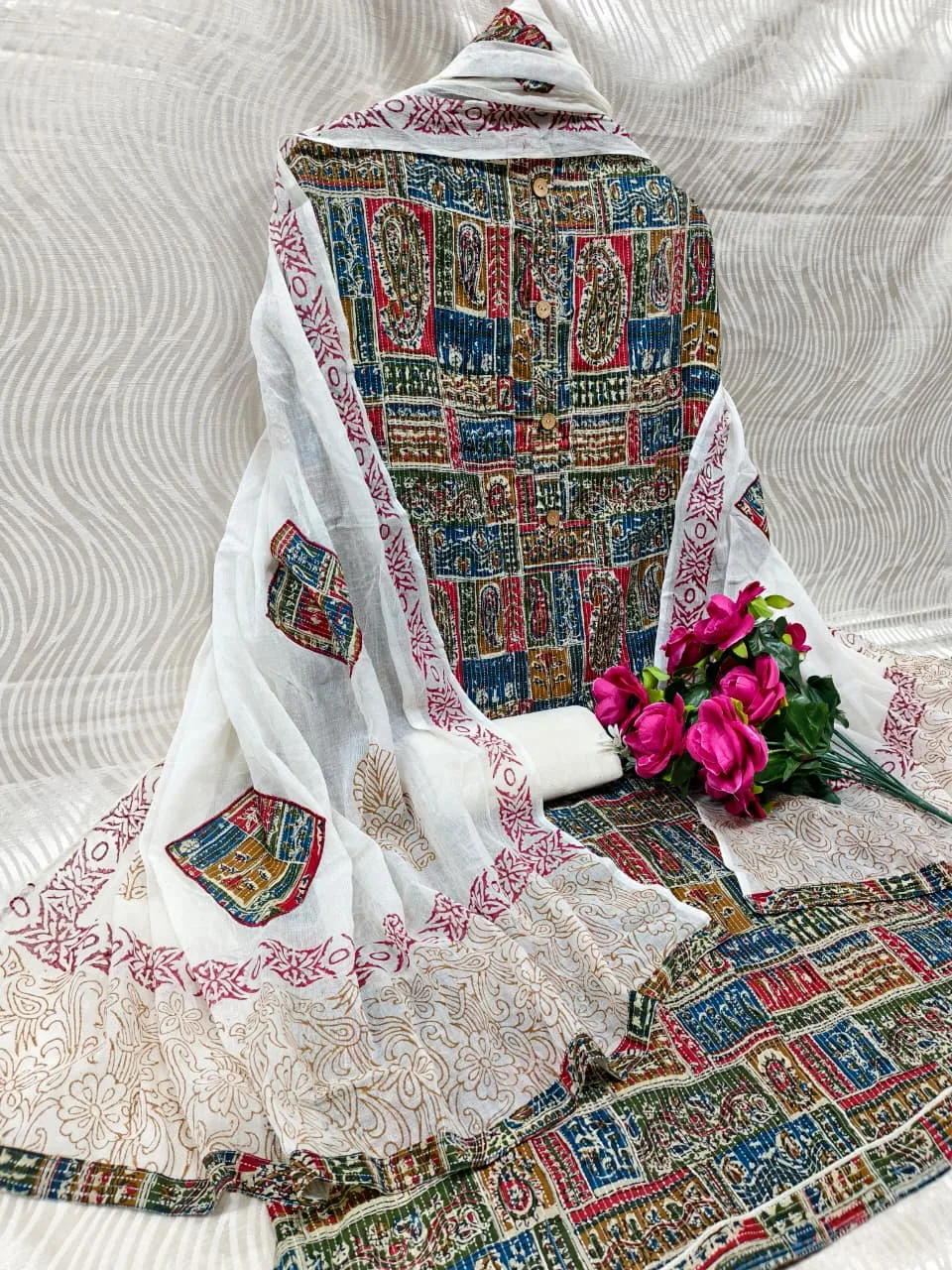 Premium Cotton Katha Ajrak Print Unstitched Suit Material with Gadwal Silk Dupatta - Design 4