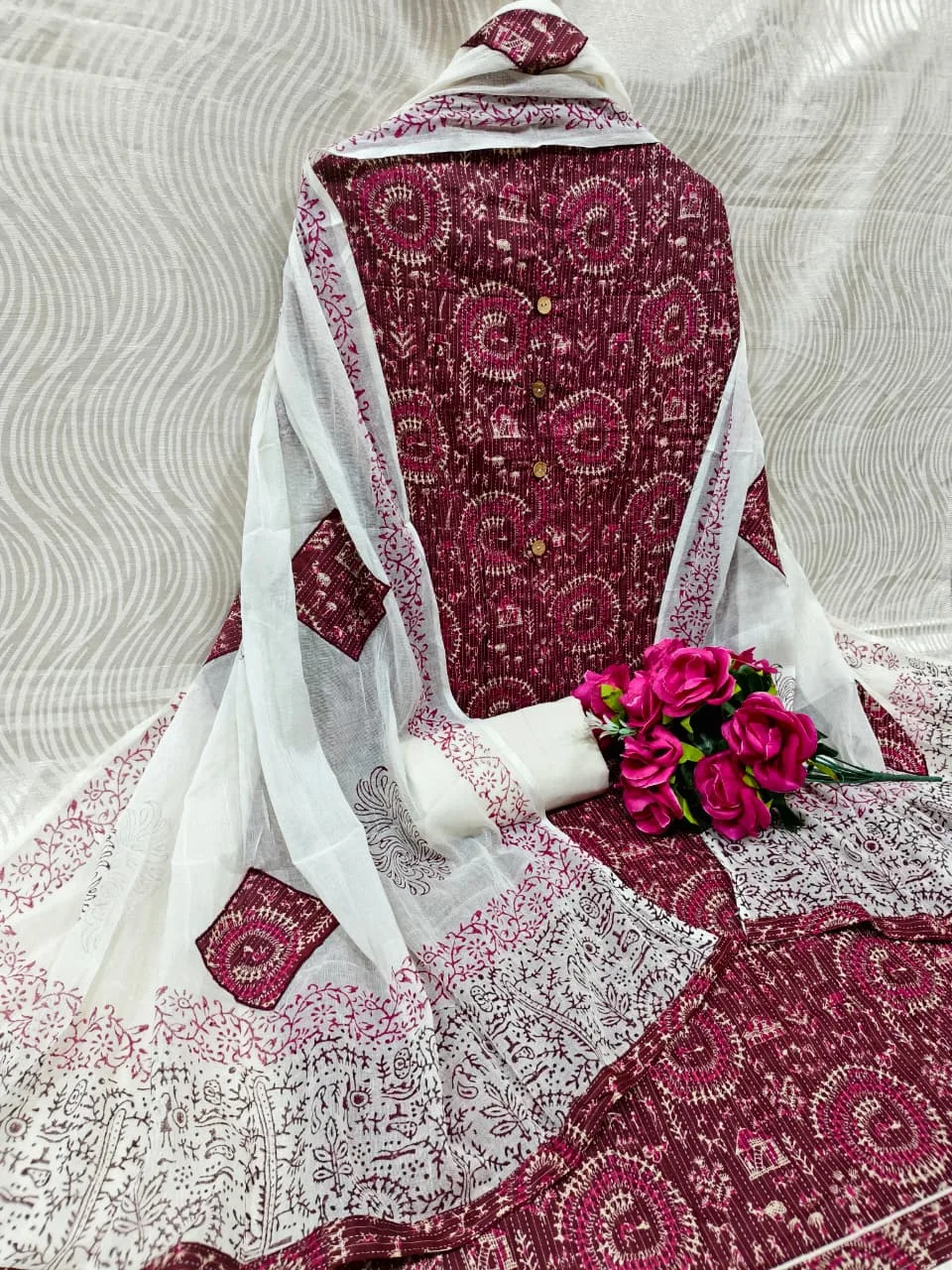 Premium Cotton Katha Ajrak Print Unstitched Suit Material with Gadwal Silk Dupatta - Design 5