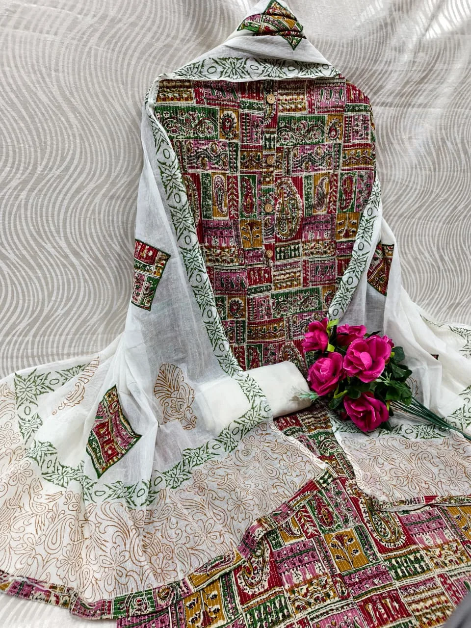 Premium Cotton Katha Ajrak Print Unstitched Suit Material with Gadwal Silk Dupatta - Design 6