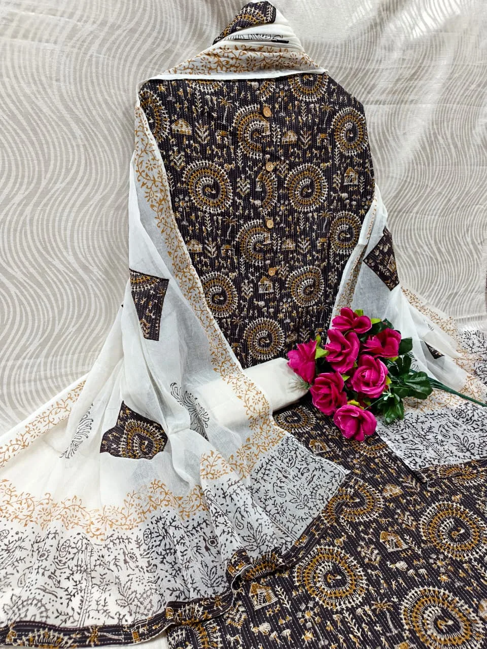 Premium Cotton Katha Ajrak Print Unstitched Suit Material with Gadwal Silk Dupatta - Design 7