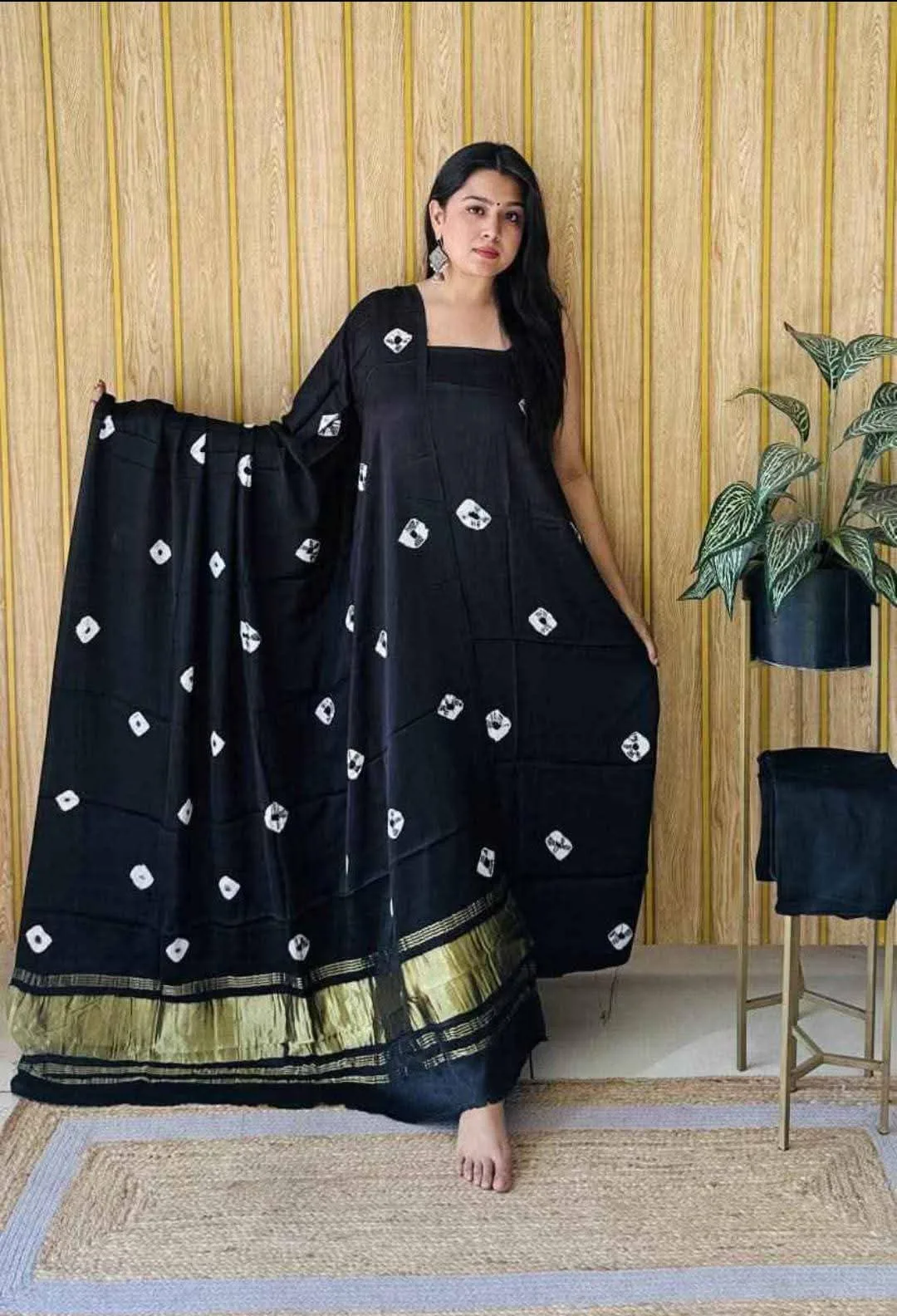 Premium Bandhani Design Chanderi Silk Dress Material with Tissue Silk Dupatta - Black