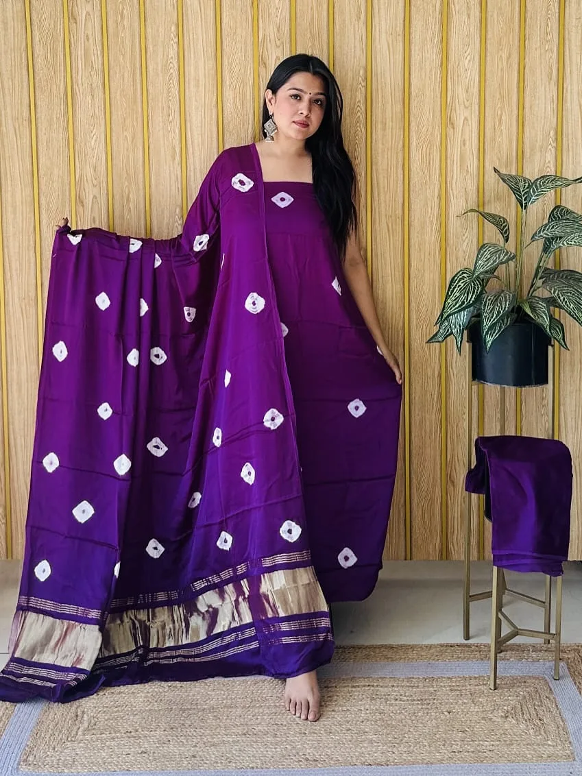 Premium Bandhani Design Chanderi Silk Dress Material with Tissue Silk Dupatta - Purple