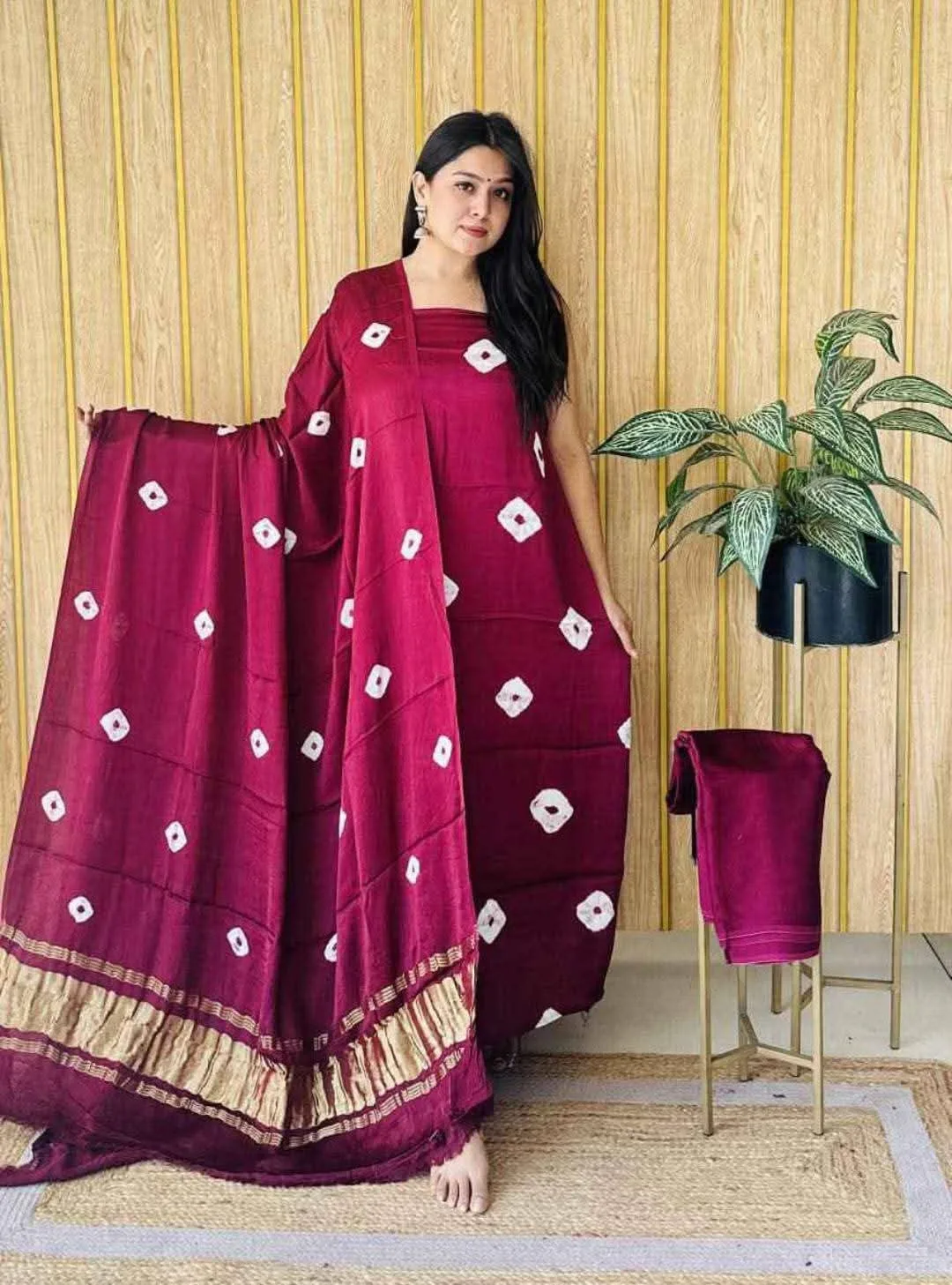 Premium Bandhani Design Chanderi Silk Dress Material with Tissue Silk Dupatta - Maroon